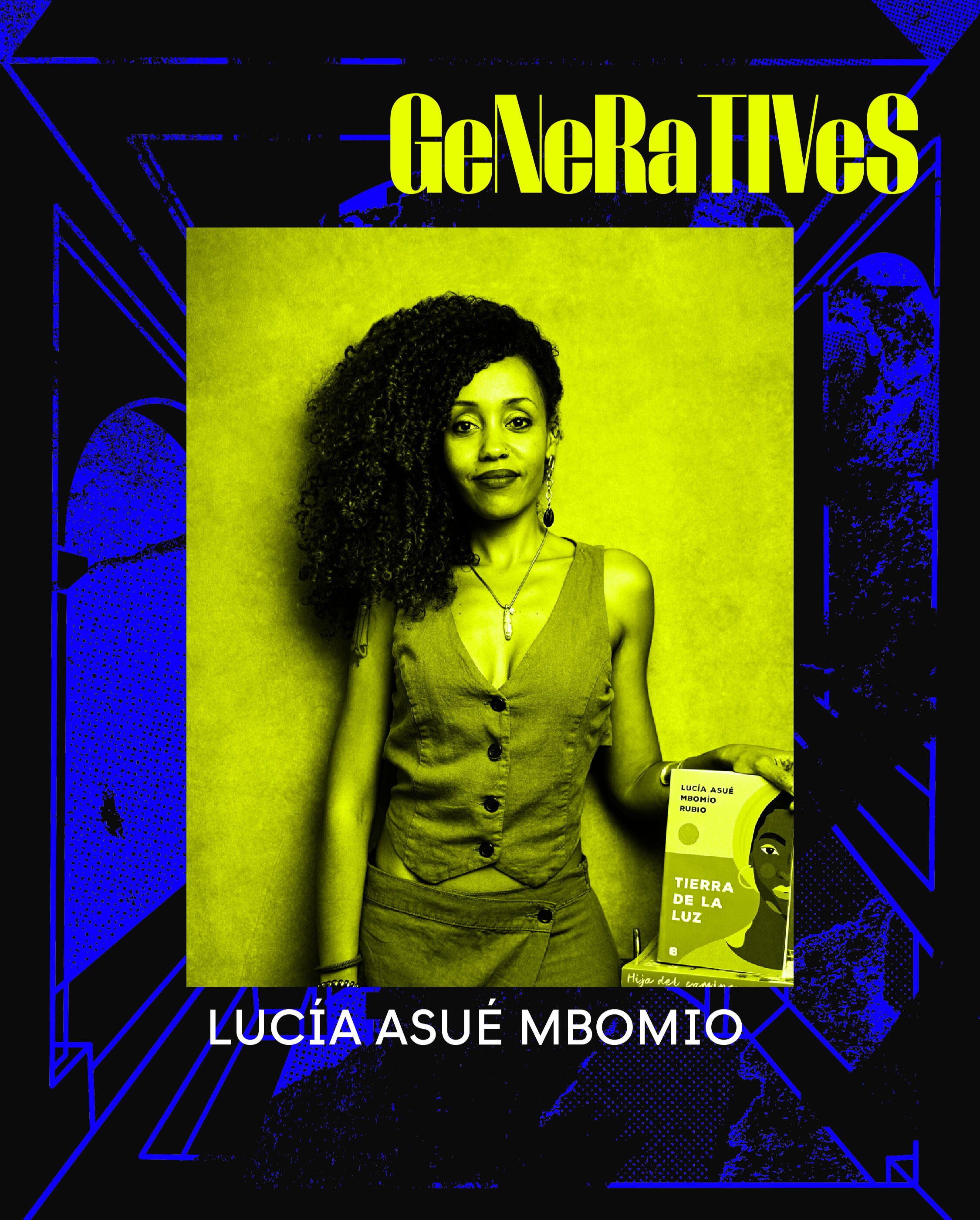 Cartel de lucía Asúe Mbomio sujetando su libro: Tierra de la luz